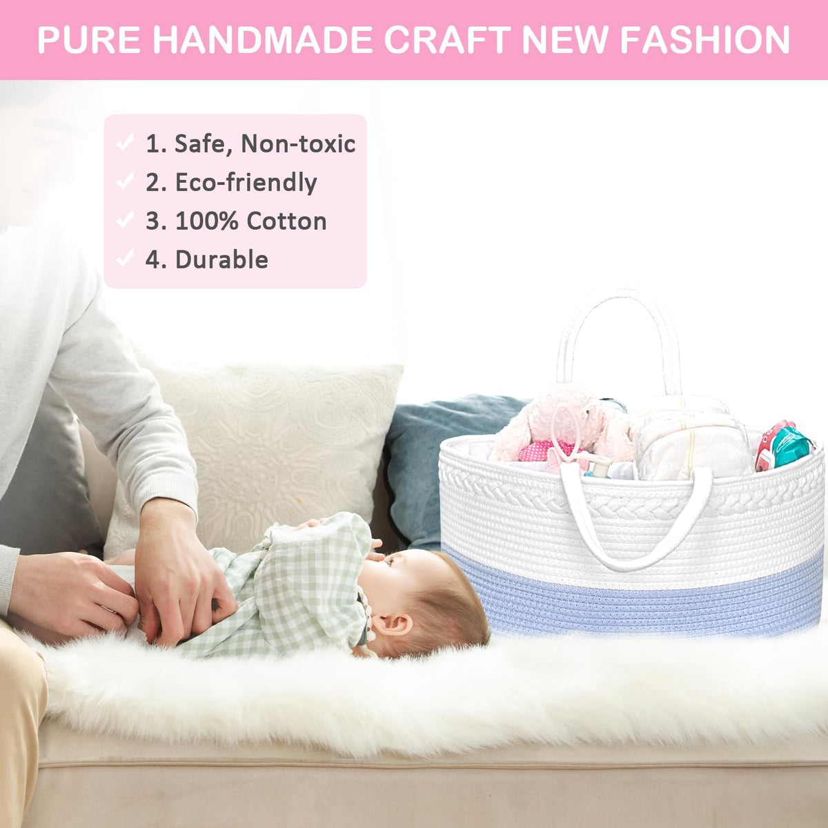 Baby Diaper Caddy Organizer, Boho Jute Rope Nursery Storage Bin Changing Table Car Organizer for Storage Baby Diaper Wipes, Empty Basket for Baby Shower