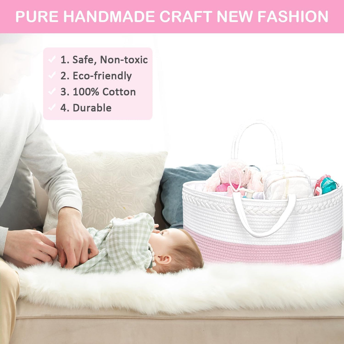 Baby Diaper Caddy Organizer, Boho Jute Rope Nursery Storage Bin Changing Table Car Organizer for Storage Baby Diaper Wipes, Empty Basket for Baby Shower