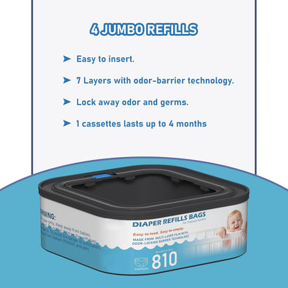 Jumbo Square Refills Disposal Bags Refill Compatible with Diaper Genie Classic, Compact, Premier and Select Pails, Hold Up to 810 Newborn-Sized Diapers Per Refill