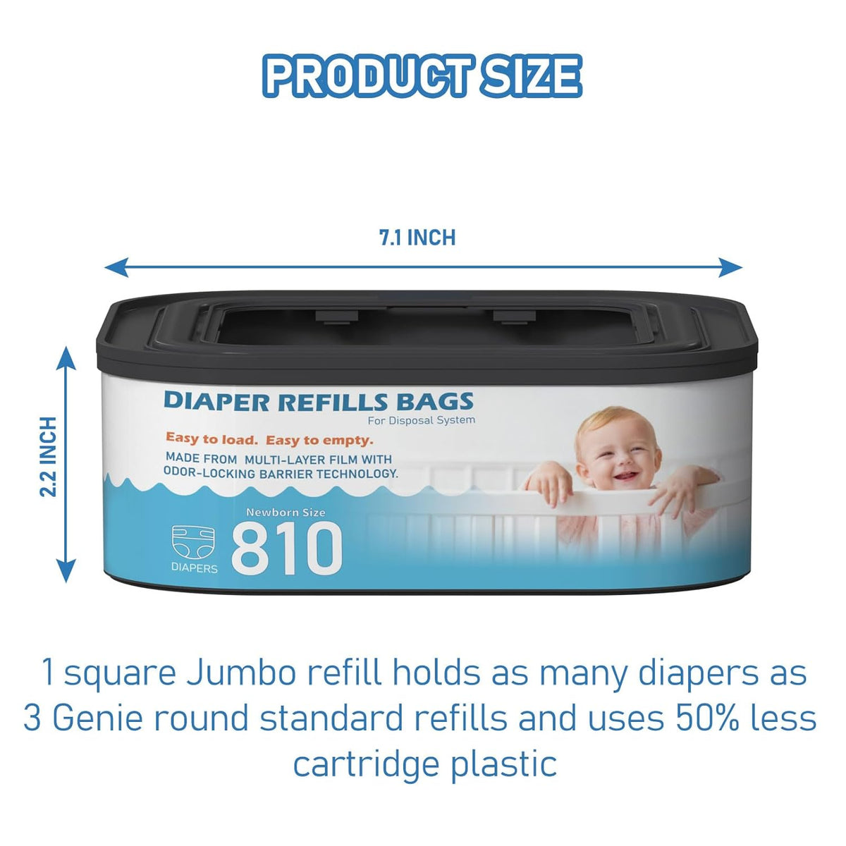 Jumbo Square Refills Disposal Bags Refill Compatible with Diaper Genie Classic, Compact, Premier and Select Pails, Hold Up to 810 Newborn-Sized Diapers Per Refill
