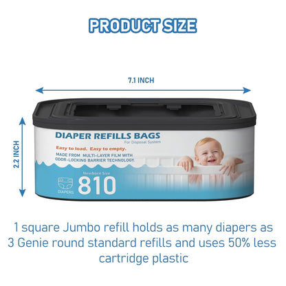 Jumbo Square Refills Disposal Bags Refill Compatible with Diaper Genie Classic, Compact, Premier and Select Pails, Hold Up to 810 Newborn-Sized Diapers Per Refill