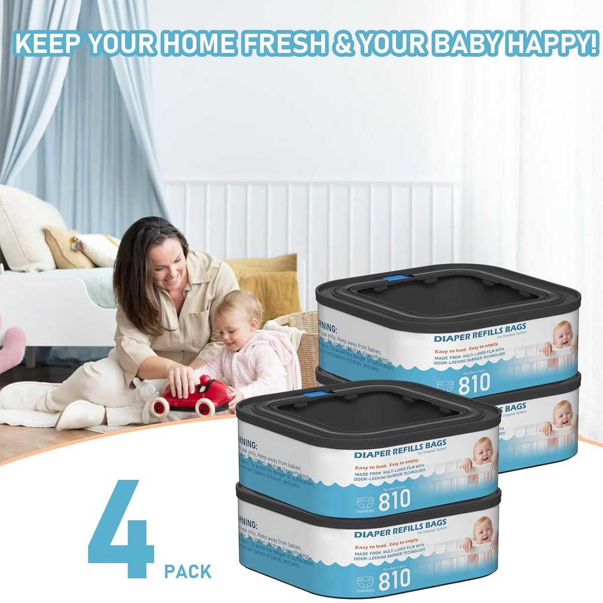 Jumbo Square Refills Disposal Bags Refill Compatible with Diaper Genie Classic, Compact, Premier and Select Pails, Hold Up to 810 Newborn-Sized Diapers Per Refill