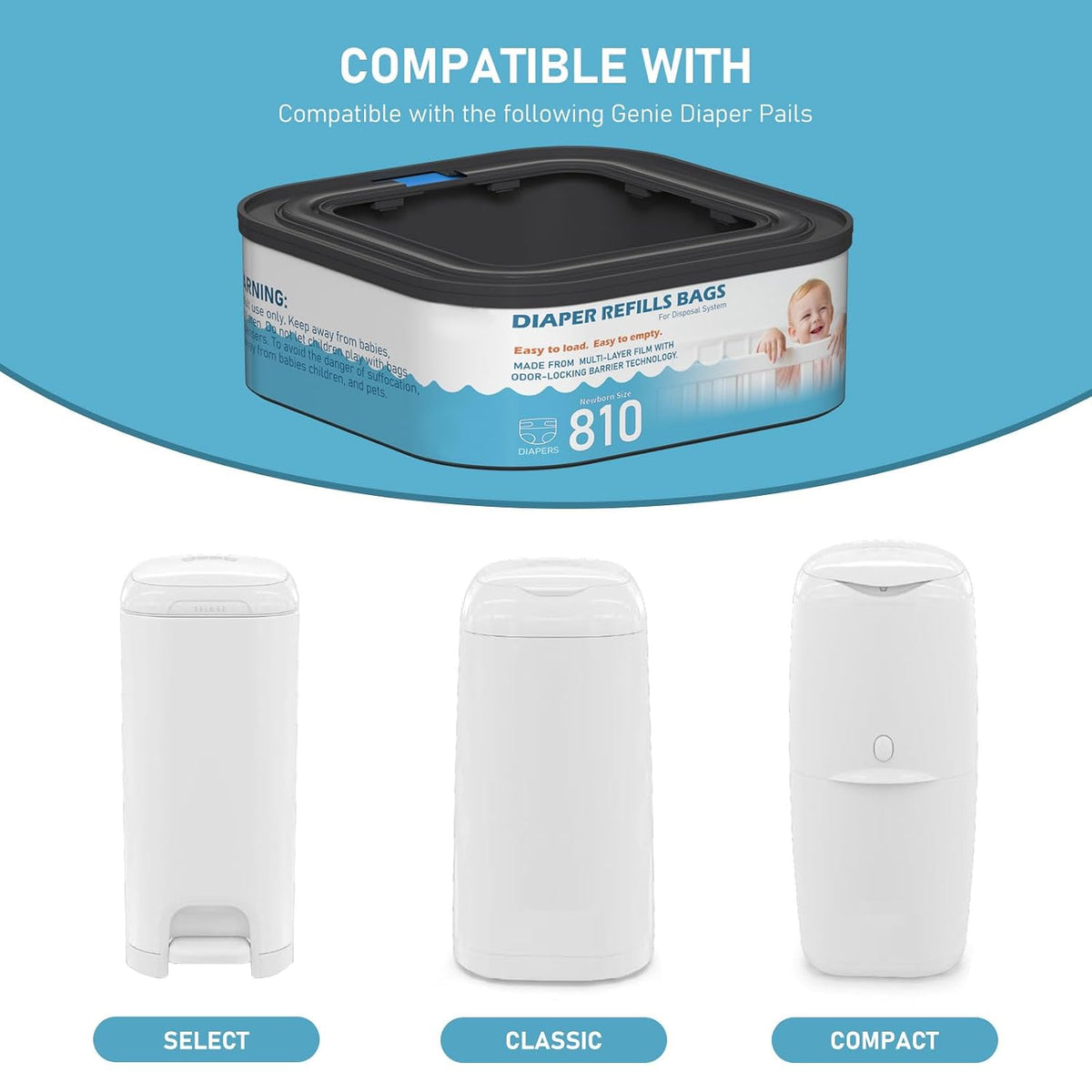 Jumbo Square Refills Disposal Bags Refill Compatible with Diaper Genie Classic, Compact, Premier and Select Pails, Hold Up to 810 Newborn-Sized Diapers Per Refill