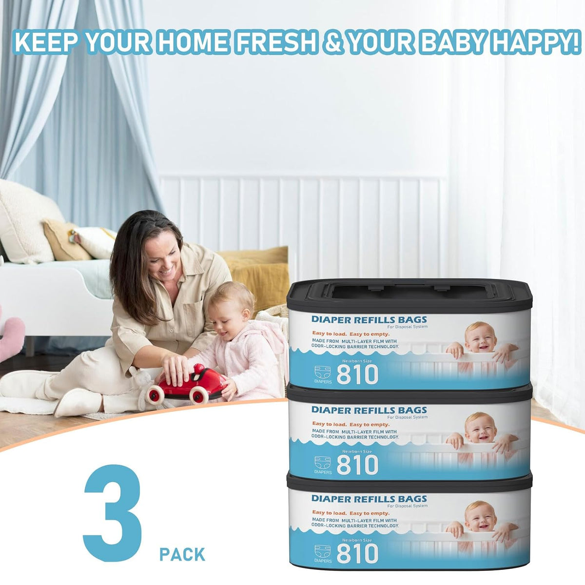 Jumbo Square Refills Disposal Bags Refill Compatible with Diaper Genie Classic, Compact, Premier and Select Pails, Hold Up to 810 Newborn-Sized Diapers Per Refill