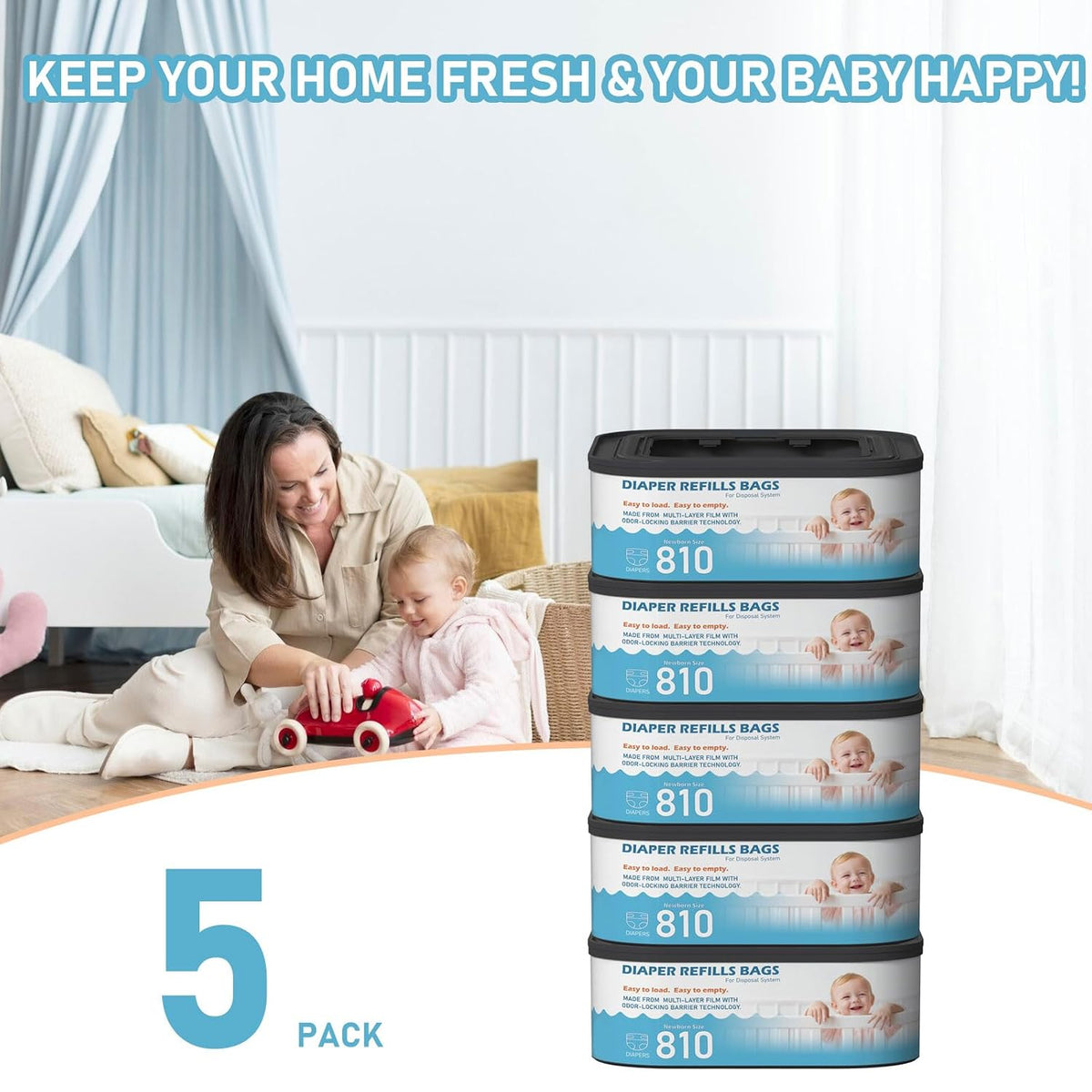 Jumbo Square Refills Disposal Bags Refill Compatible with Diaper Genie Classic, Compact, Premier and Select Pails, Hold Up to 810 Newborn-Sized Diapers Per Refill