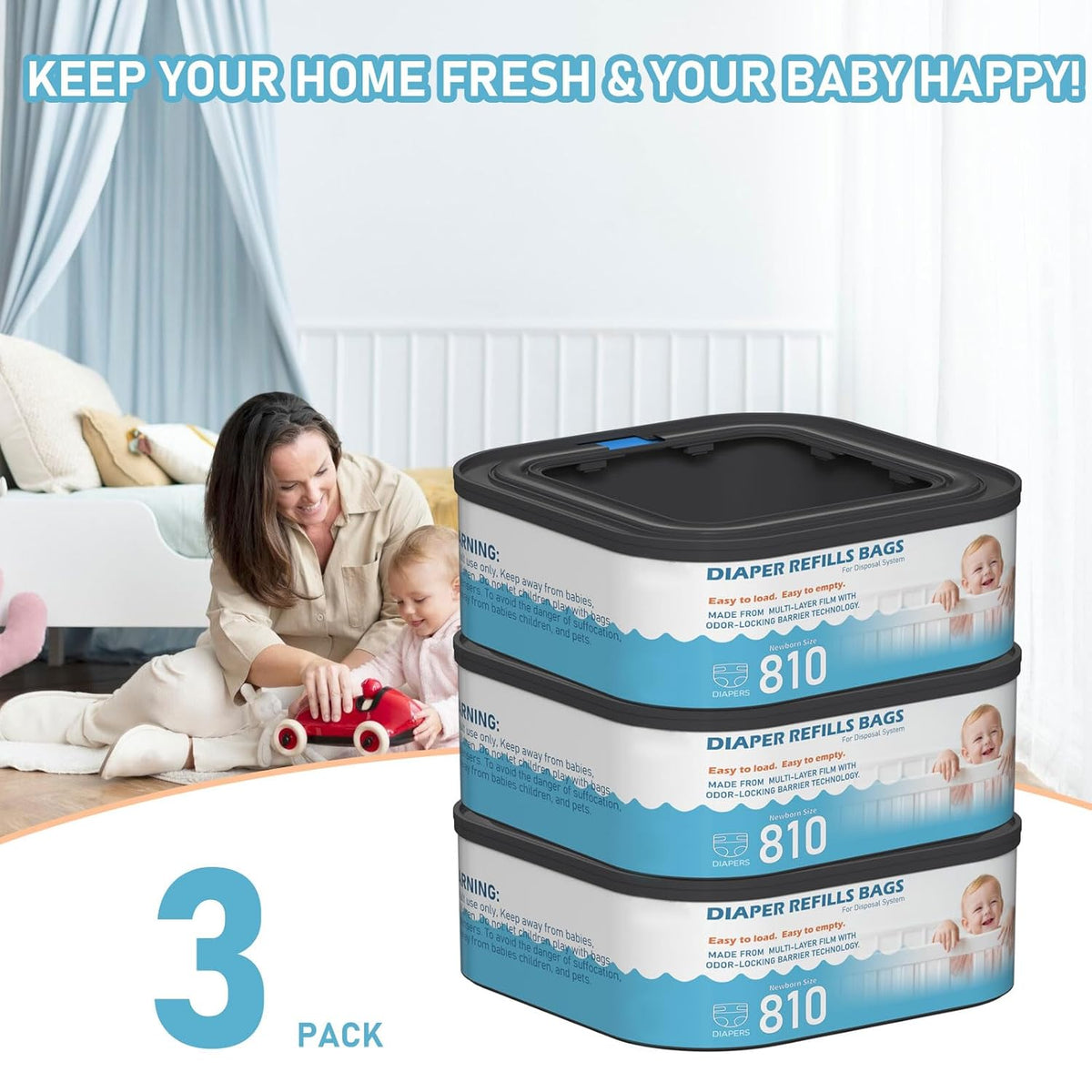Jumbo Square Refills Disposal Bags Refill Compatible with Diaper Genie Classic, Compact, Premier and Select Pails, Hold Up to 810 Newborn-Sized Diapers Per Refill