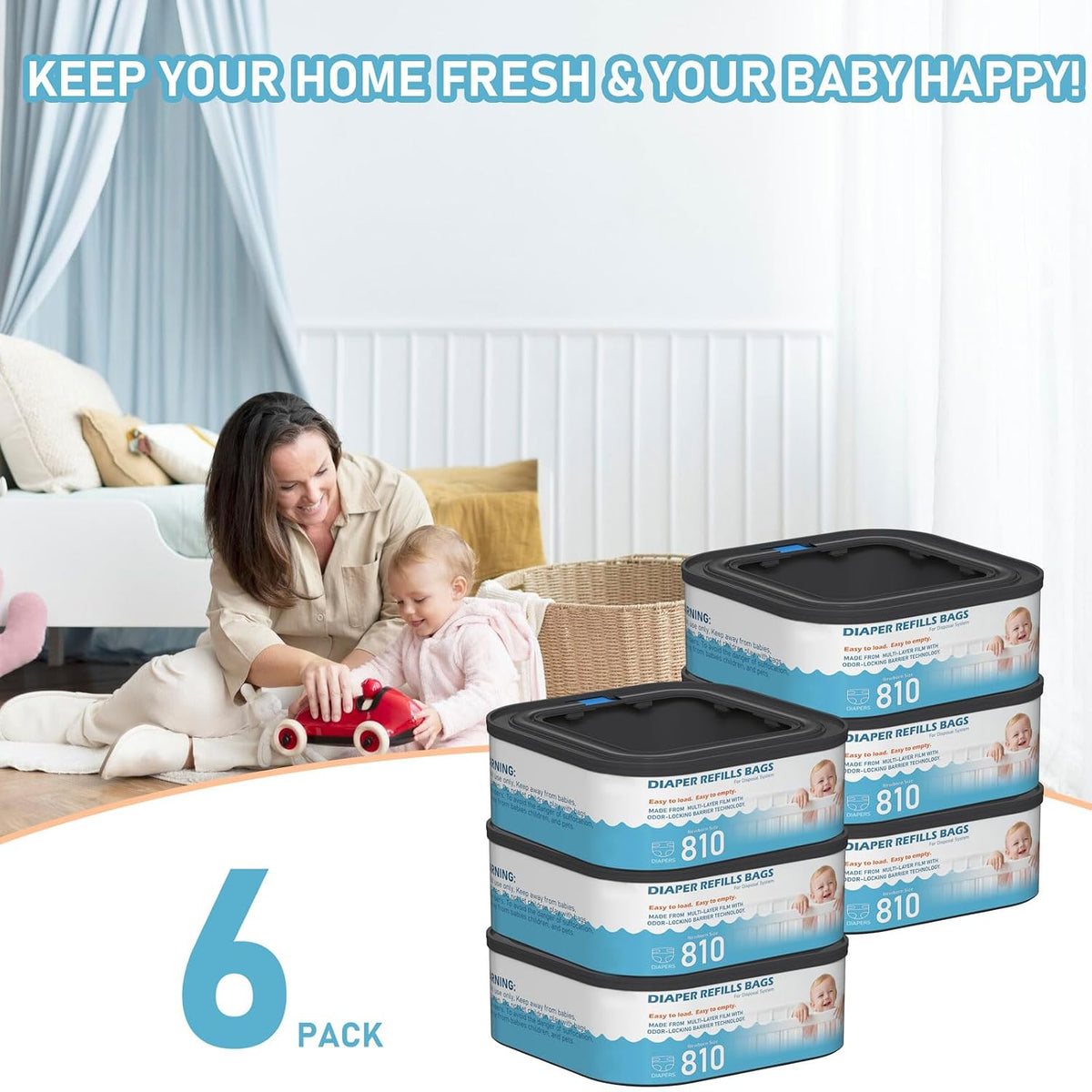 Jumbo Square Refills Disposal Bags Refill Compatible with Diaper Genie Classic, Compact, Premier and Select Pails, Hold Up to 810 Newborn-Sized Diapers Per Refill