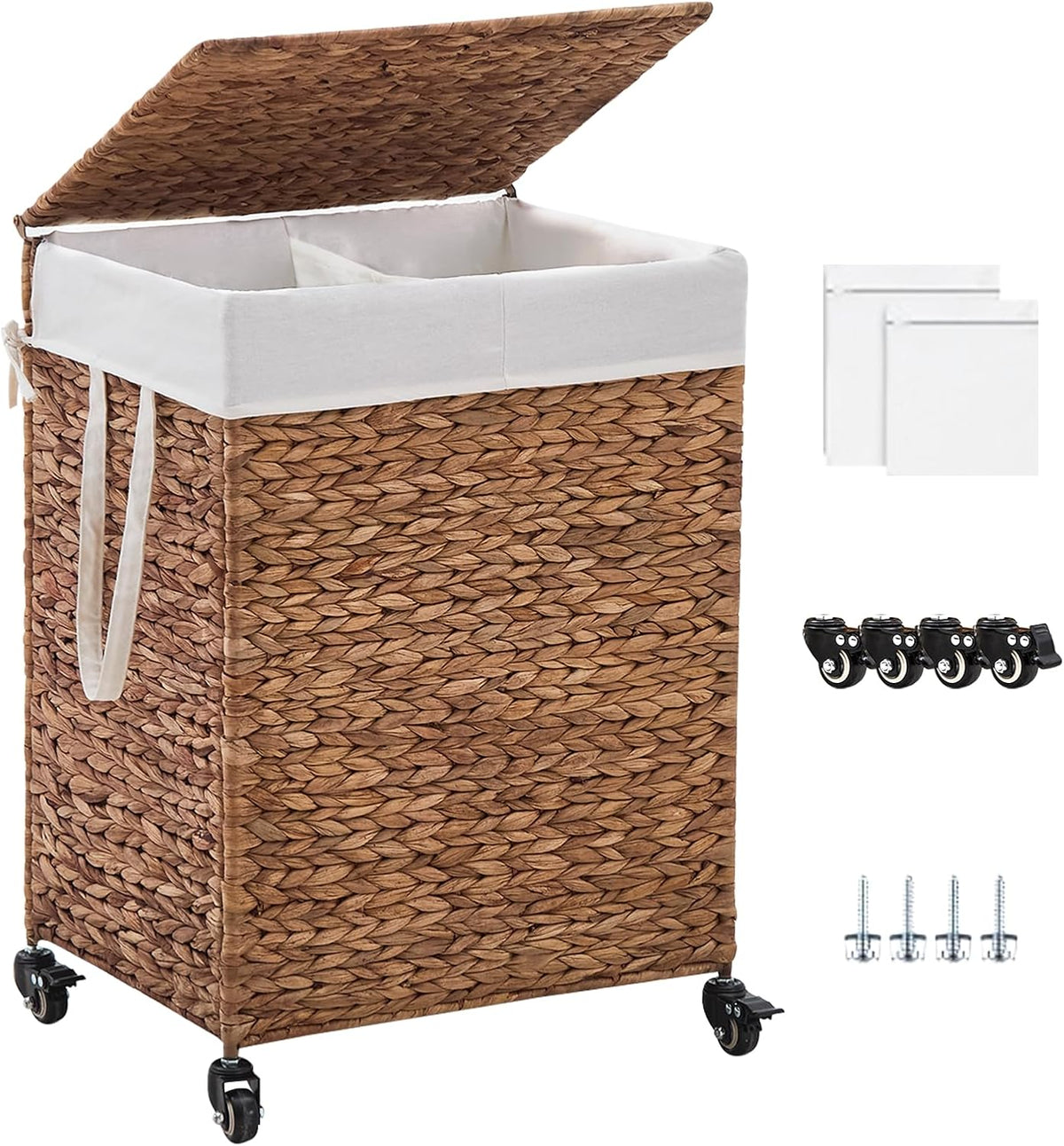 3-Section Laundry Hamper with Lid, Large Capacity Woven Natural Water Hyacinth Laundry Sorter with Removable Liners, Rolling or Non-Slip Design for Bedroom (Espresso, 155L)