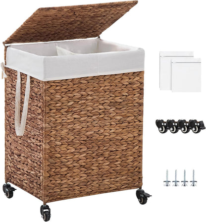 3-Section Laundry Hamper with Lid, Large Capacity Woven Natural Water Hyacinth Laundry Sorter with Removable Liners, Rolling or Non-Slip Design for Bedroom (Espresso, 155L)