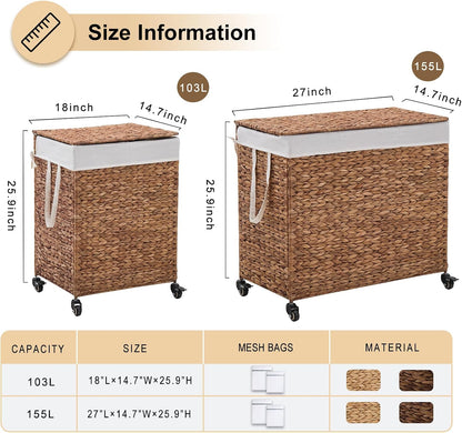 3-Section Laundry Hamper with Lid, Large Capacity Woven Natural Water Hyacinth Laundry Sorter with Removable Liners, Rolling or Non-Slip Design for Bedroom (Espresso, 155L)