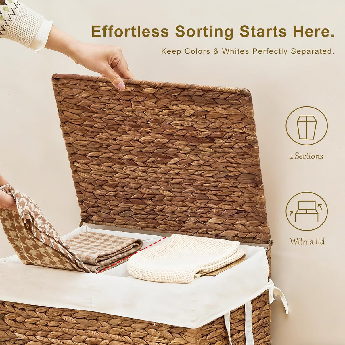 3-Section Laundry Hamper with Lid, Large Capacity Woven Natural Water Hyacinth Laundry Sorter with Removable Liners, Rolling or Non-Slip Design for Bedroom (Espresso, 155L)