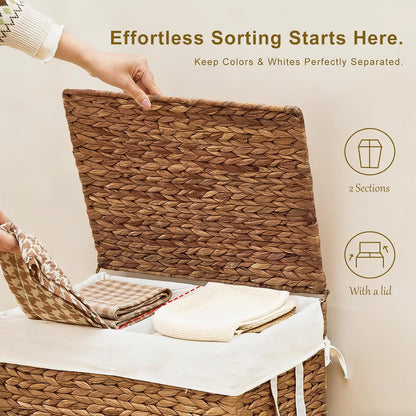 3-Section Laundry Hamper with Lid, Large Capacity Woven Natural Water Hyacinth Laundry Sorter with Removable Liners, Rolling or Non-Slip Design for Bedroom (Espresso, 155L)