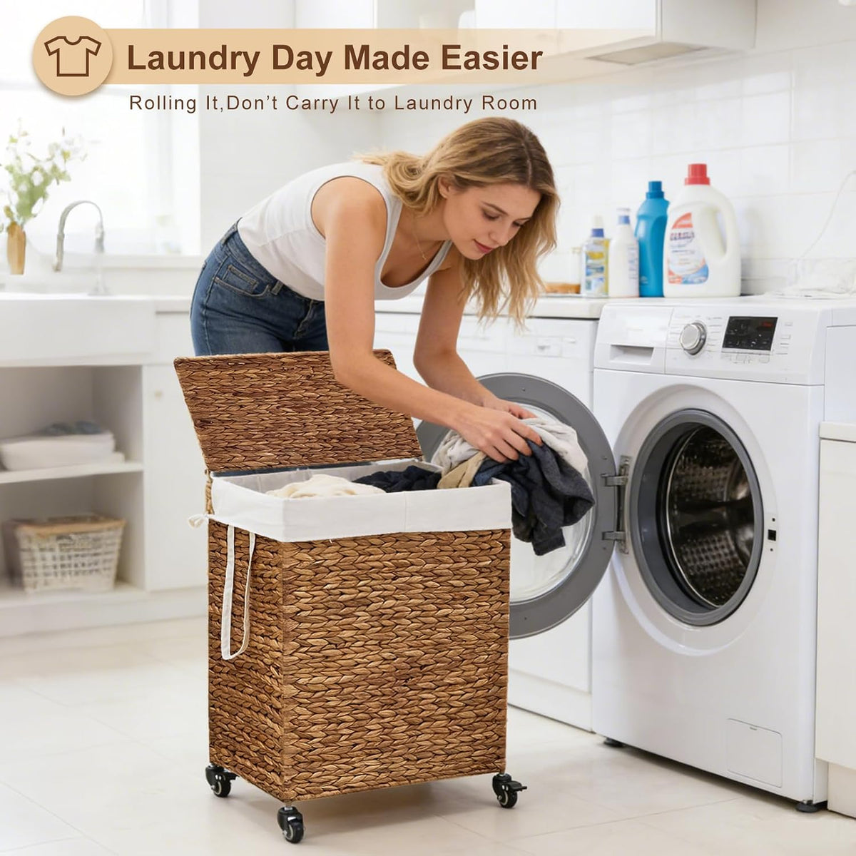 3-Section Laundry Hamper with Lid, Large Capacity Woven Natural Water Hyacinth Laundry Sorter with Removable Liners, Rolling or Non-Slip Design for Bedroom (Espresso, 155L)
