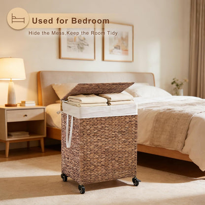 3-Section Laundry Hamper with Lid, Large Capacity Woven Natural Water Hyacinth Laundry Sorter with Removable Liners, Rolling or Non-Slip Design for Bedroom (Espresso, 155L)