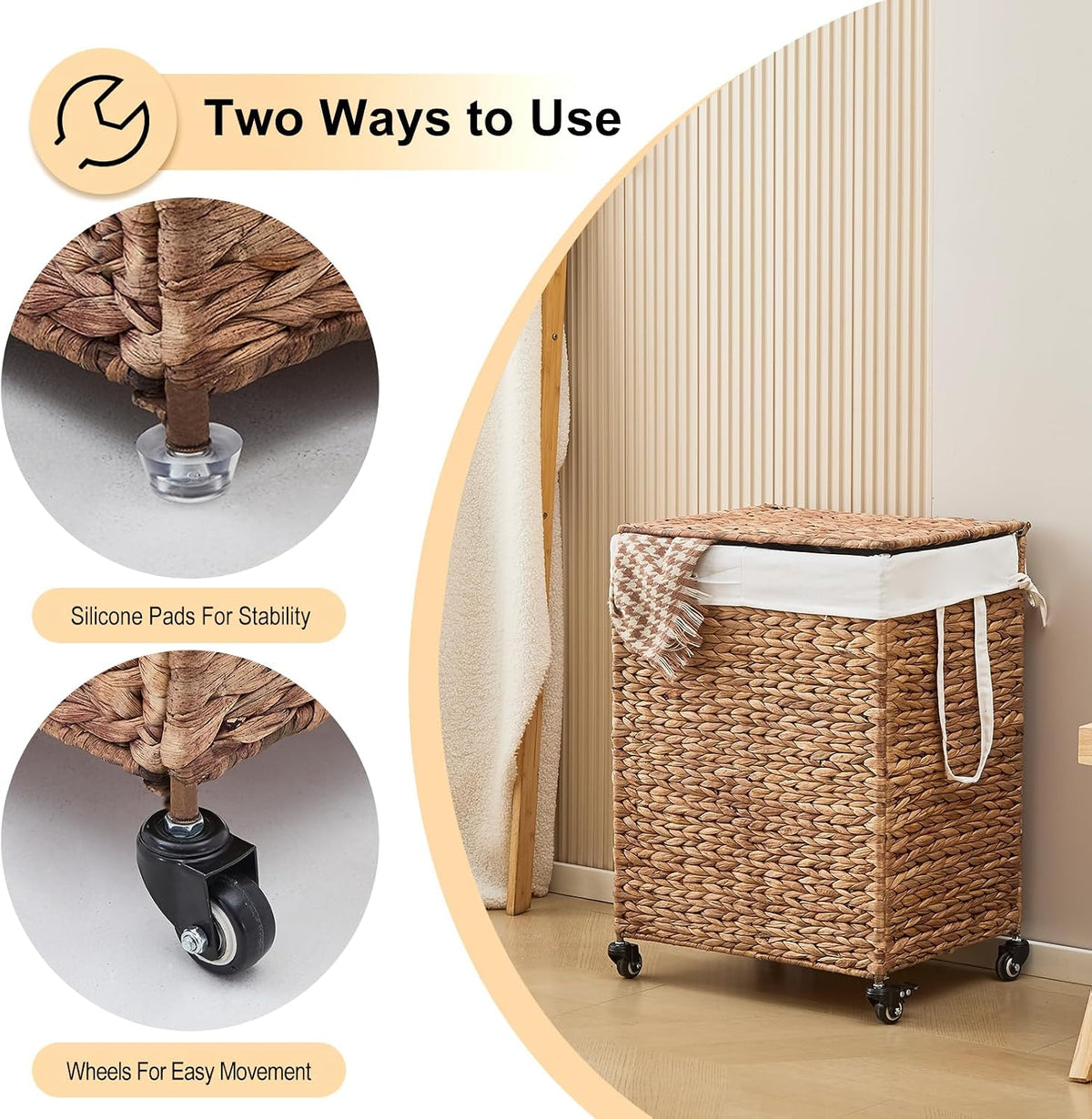 3-Section Laundry Hamper with Lid, Large Capacity Woven Natural Water Hyacinth Laundry Sorter with Removable Liners, Rolling or Non-Slip Design for Bedroom (Espresso, 155L)