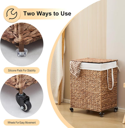 3-Section Laundry Hamper with Lid, Large Capacity Woven Natural Water Hyacinth Laundry Sorter with Removable Liners, Rolling or Non-Slip Design for Bedroom (Espresso, 155L)
