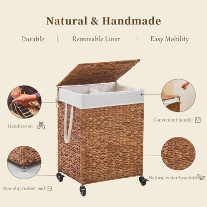 3-Section Laundry Hamper with Lid, Large Capacity Woven Natural Water Hyacinth Laundry Sorter with Removable Liners, Rolling or Non-Slip Design for Bedroom (Espresso, 155L)