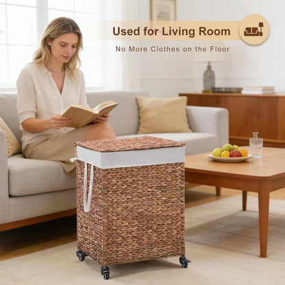 3-Section Laundry Hamper with Lid, Large Capacity Woven Natural Water Hyacinth Laundry Sorter with Removable Liners, Rolling or Non-Slip Design for Bedroom (Espresso, 155L)