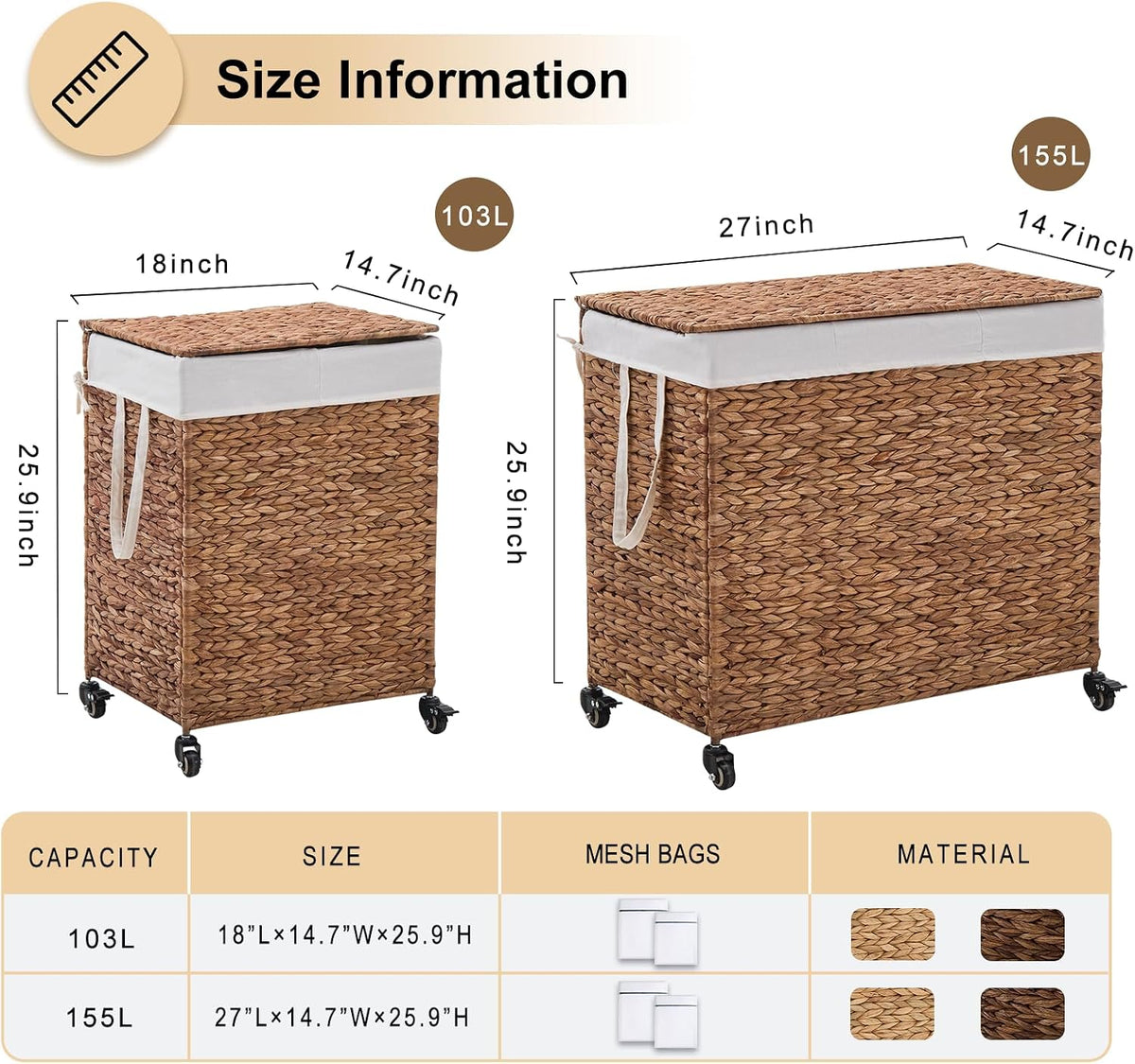 3-Section Laundry Hamper with Lid, Large Capacity Woven Natural Water Hyacinth Laundry Sorter with Removable Liners, Rolling or Non-Slip Design for Bedroom (Espresso, 155L)