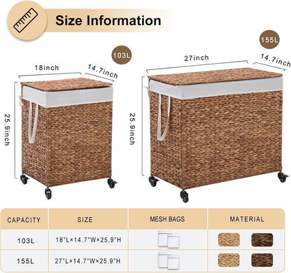 3-Section Laundry Hamper with Lid, Large Capacity Woven Natural Water Hyacinth Laundry Sorter with Removable Liners, Rolling or Non-Slip Design for Bedroom (Espresso, 155L)
