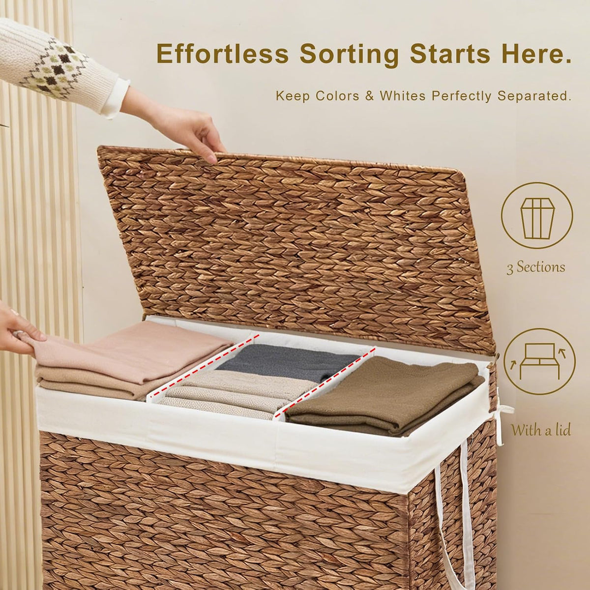 3-Section Laundry Hamper with Lid, Large Capacity Woven Natural Water Hyacinth Laundry Sorter with Removable Liners, Rolling or Non-Slip Design for Bedroom (Espresso, 155L)