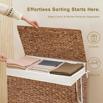 3-Section Laundry Hamper with Lid, Large Capacity Woven Natural Water Hyacinth Laundry Sorter with Removable Liners, Rolling or Non-Slip Design for Bedroom (Espresso, 155L)