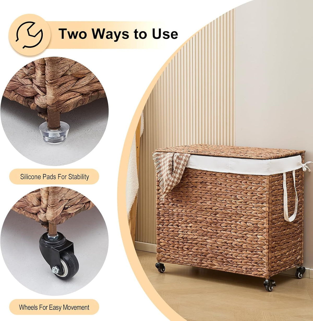 3-Section Laundry Hamper with Lid, Large Capacity Woven Natural Water Hyacinth Laundry Sorter with Removable Liners, Rolling or Non-Slip Design for Bedroom (Espresso, 155L)
