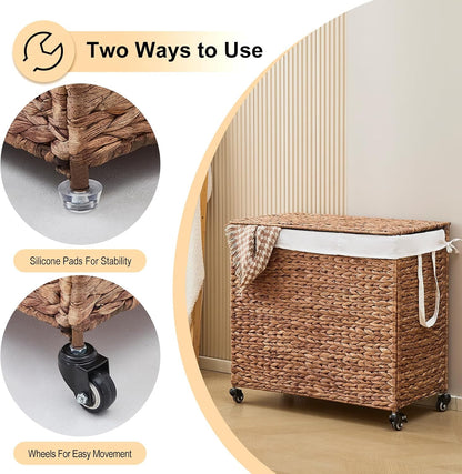 3-Section Laundry Hamper with Lid, Large Capacity Woven Natural Water Hyacinth Laundry Sorter with Removable Liners, Rolling or Non-Slip Design for Bedroom (Espresso, 155L)