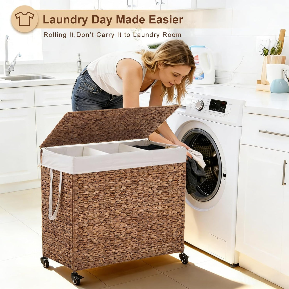 3-Section Laundry Hamper with Lid, Large Capacity Woven Natural Water Hyacinth Laundry Sorter with Removable Liners, Rolling or Non-Slip Design for Bedroom (Espresso, 155L)