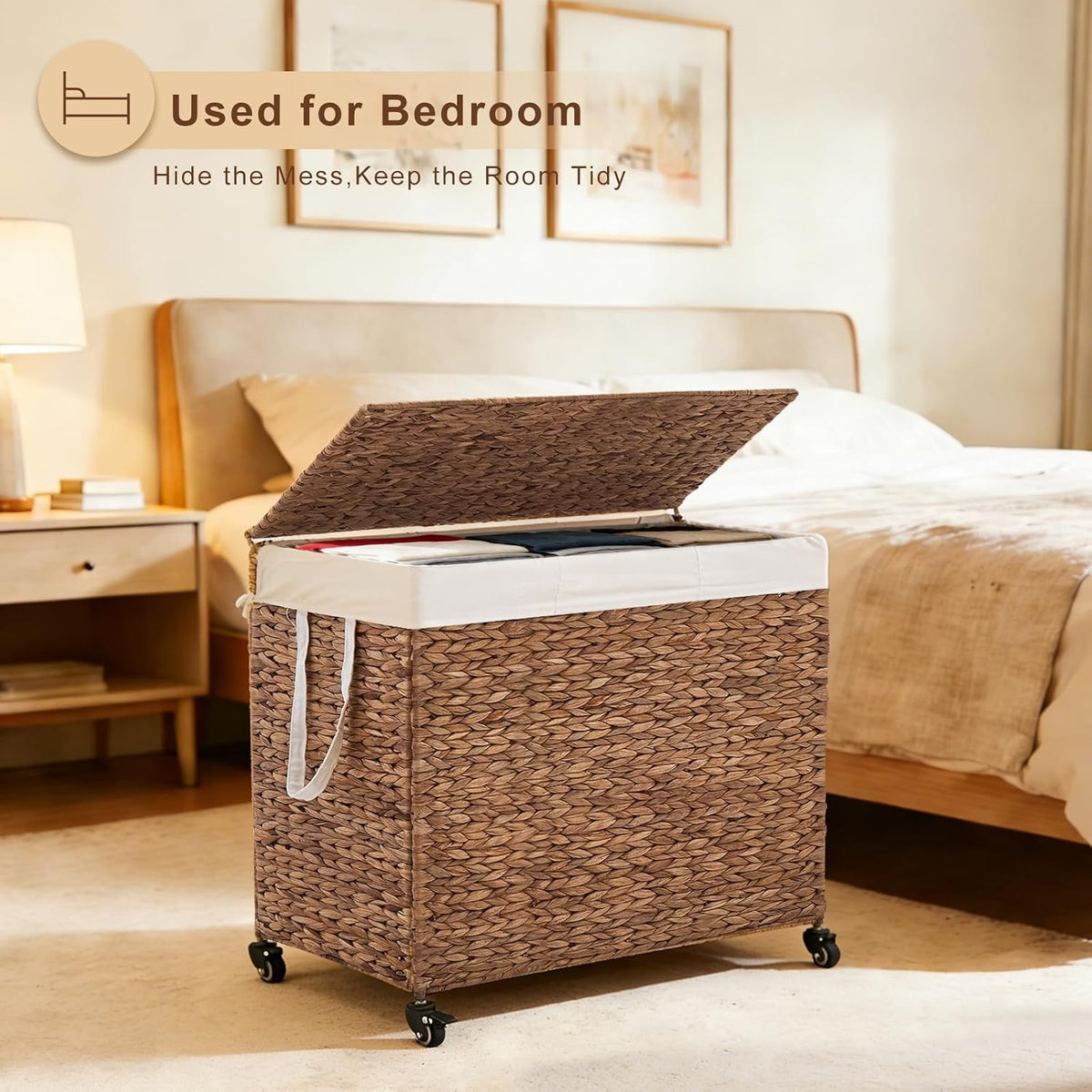3-Section Laundry Hamper with Lid, Large Capacity Woven Natural Water Hyacinth Laundry Sorter with Removable Liners, Rolling or Non-Slip Design for Bedroom (Espresso, 155L)