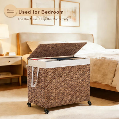 3-Section Laundry Hamper with Lid, Large Capacity Woven Natural Water Hyacinth Laundry Sorter with Removable Liners, Rolling or Non-Slip Design for Bedroom (Espresso, 155L)