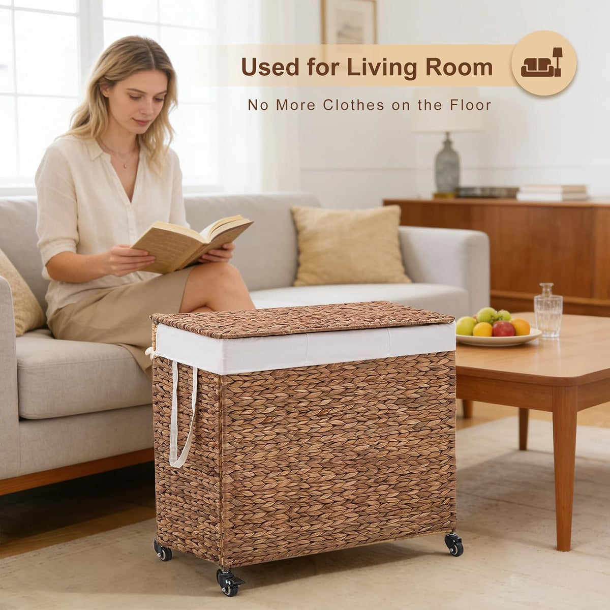 3-Section Laundry Hamper with Lid, Large Capacity Woven Natural Water Hyacinth Laundry Sorter with Removable Liners, Rolling or Non-Slip Design for Bedroom (Espresso, 155L)
