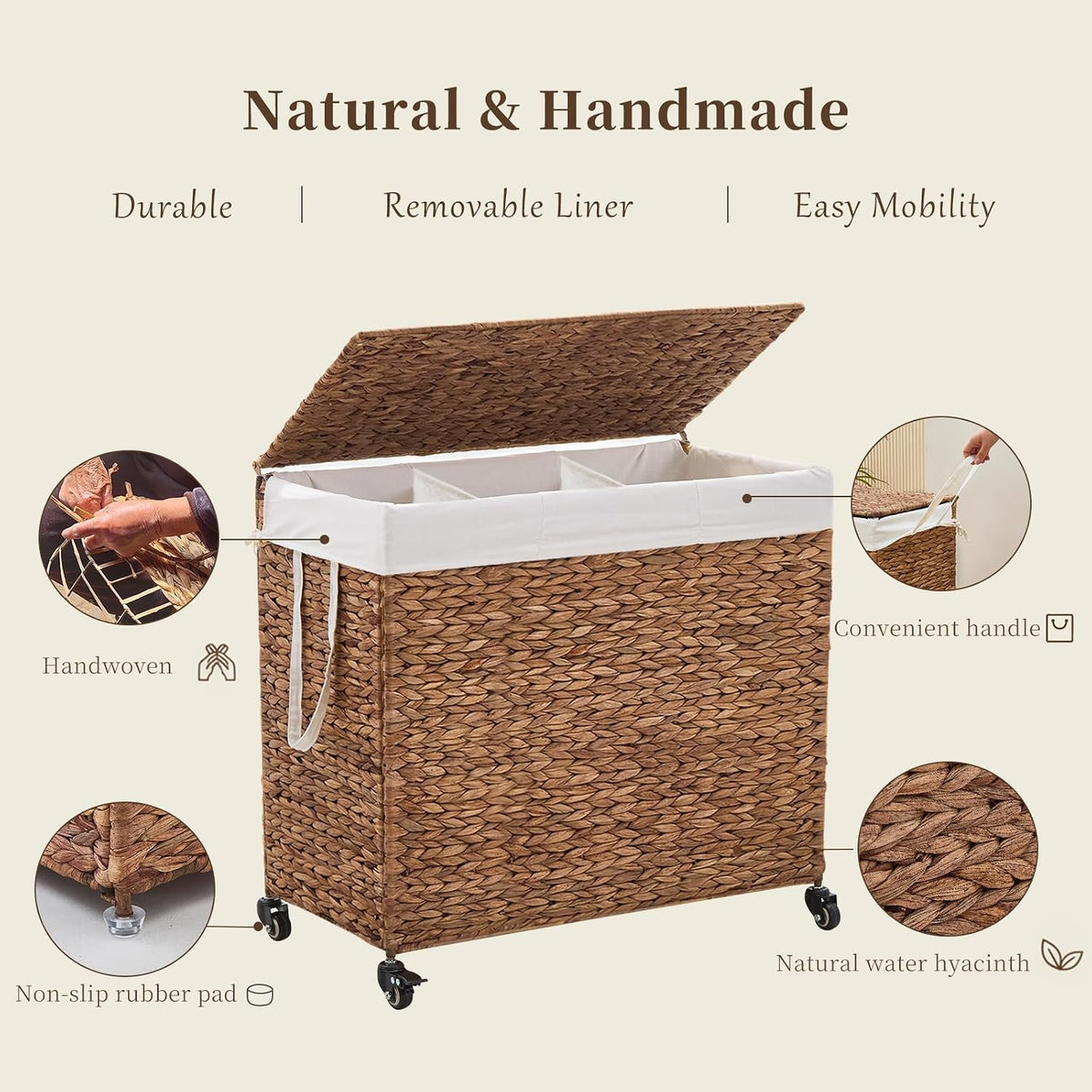 3-Section Laundry Hamper with Lid, Large Capacity Woven Natural Water Hyacinth Laundry Sorter with Removable Liners, Rolling or Non-Slip Design for Bedroom (Espresso, 155L)
