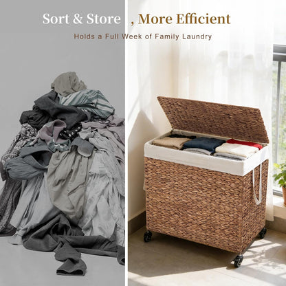 3-Section Laundry Hamper with Lid, Large Capacity Woven Natural Water Hyacinth Laundry Sorter with Removable Liners, Rolling or Non-Slip Design for Bedroom (Espresso, 155L)