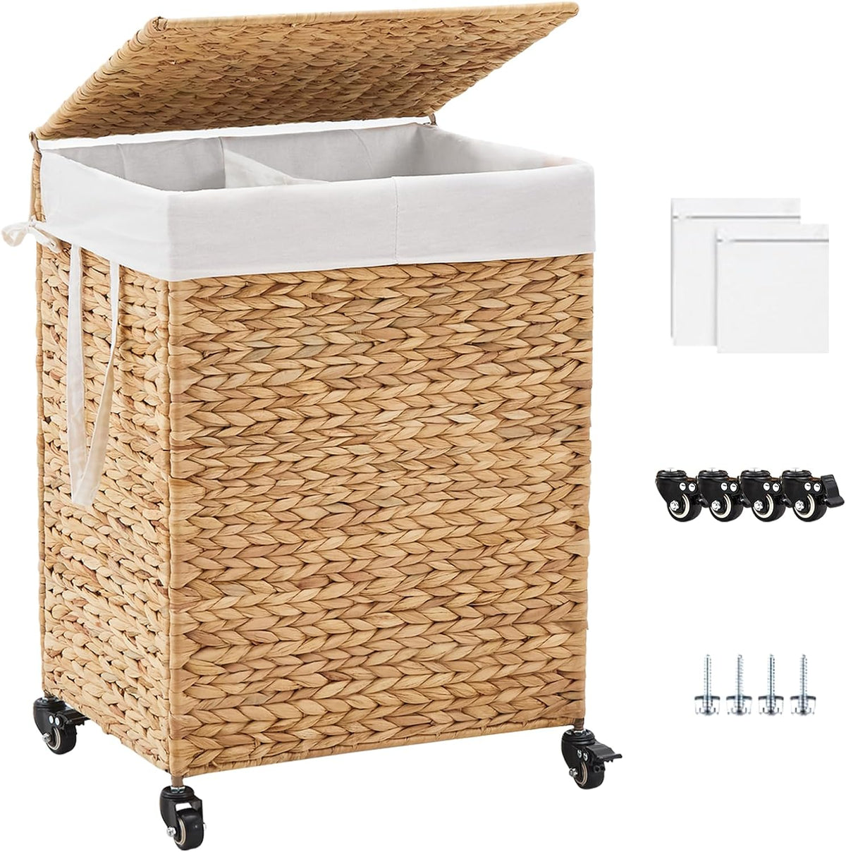 3-Section Laundry Hamper with Lid, Large Capacity Woven Natural Water Hyacinth Laundry Sorter with Removable Liners, Rolling or Non-Slip Design for Bedroom (Espresso, 155L)