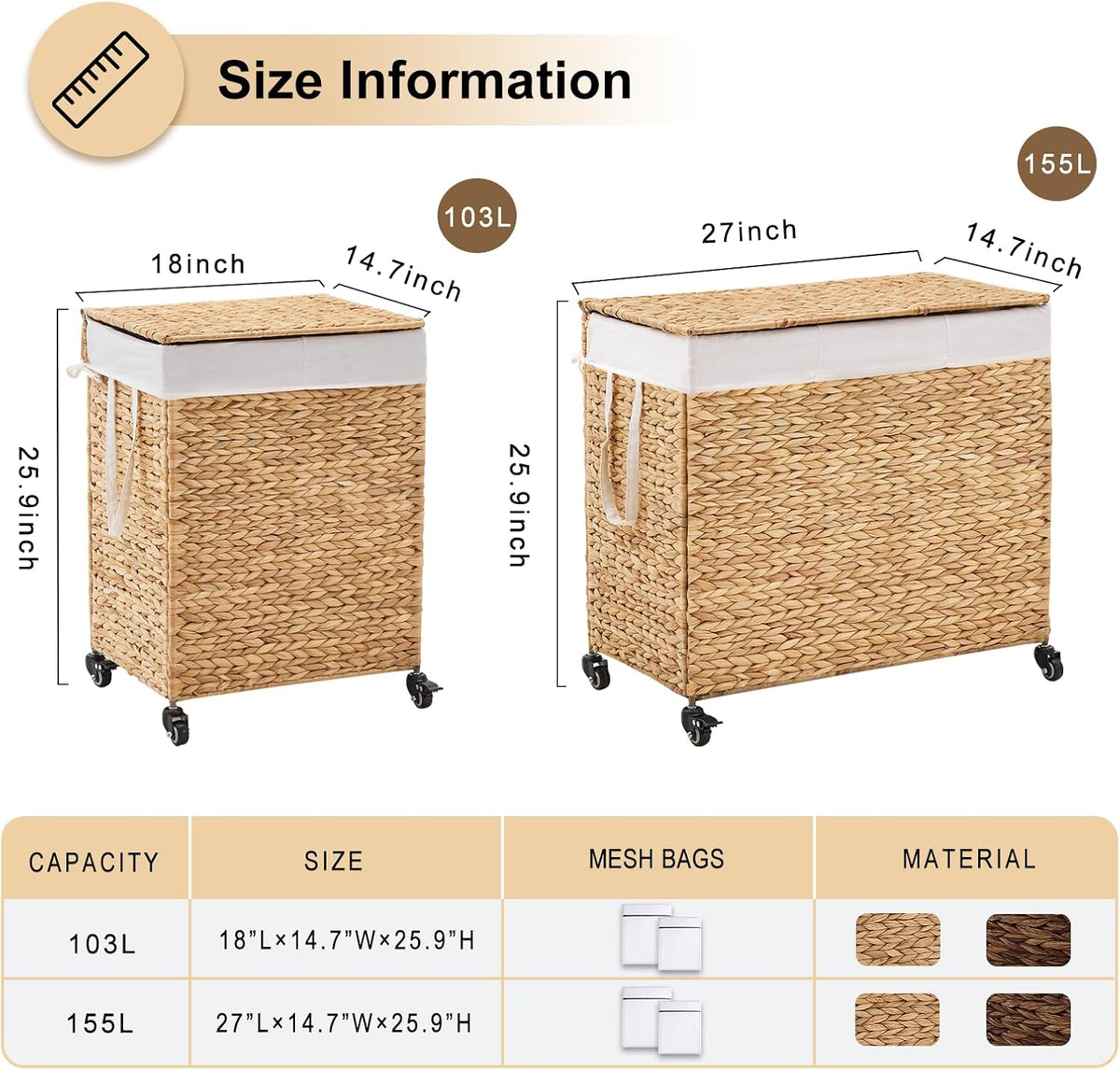 3-Section Laundry Hamper with Lid, Large Capacity Woven Natural Water Hyacinth Laundry Sorter with Removable Liners, Rolling or Non-Slip Design for Bedroom (Espresso, 155L)