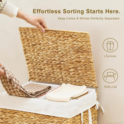 3-Section Laundry Hamper with Lid, Large Capacity Woven Natural Water Hyacinth Laundry Sorter with Removable Liners, Rolling or Non-Slip Design for Bedroom (Espresso, 155L)