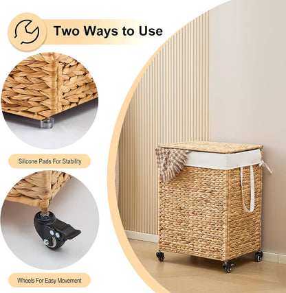 3-Section Laundry Hamper with Lid, Large Capacity Woven Natural Water Hyacinth Laundry Sorter with Removable Liners, Rolling or Non-Slip Design for Bedroom (Espresso, 155L)