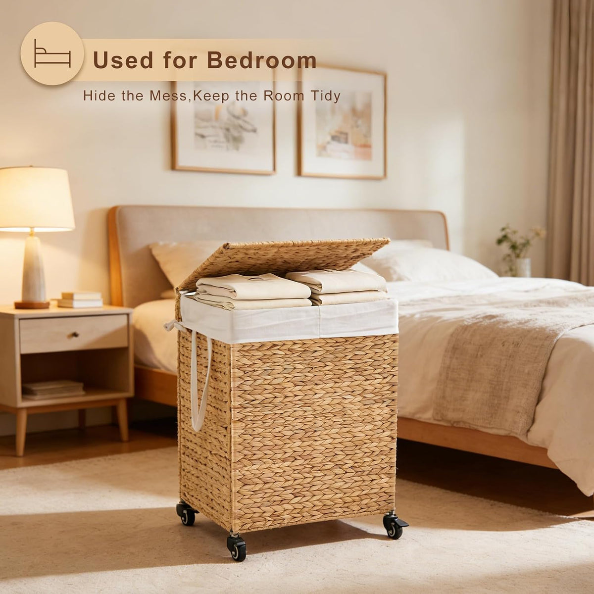 3-Section Laundry Hamper with Lid, Large Capacity Woven Natural Water Hyacinth Laundry Sorter with Removable Liners, Rolling or Non-Slip Design for Bedroom (Espresso, 155L)
