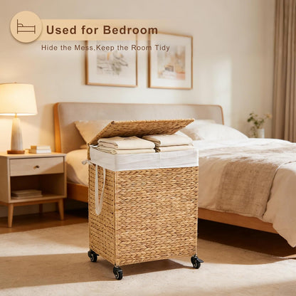 3-Section Laundry Hamper with Lid, Large Capacity Woven Natural Water Hyacinth Laundry Sorter with Removable Liners, Rolling or Non-Slip Design for Bedroom (Espresso, 155L)