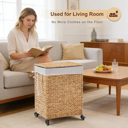 3-Section Laundry Hamper with Lid, Large Capacity Woven Natural Water Hyacinth Laundry Sorter with Removable Liners, Rolling or Non-Slip Design for Bedroom (Espresso, 155L)