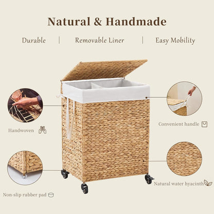3-Section Laundry Hamper with Lid, Large Capacity Woven Natural Water Hyacinth Laundry Sorter with Removable Liners, Rolling or Non-Slip Design for Bedroom (Espresso, 155L)