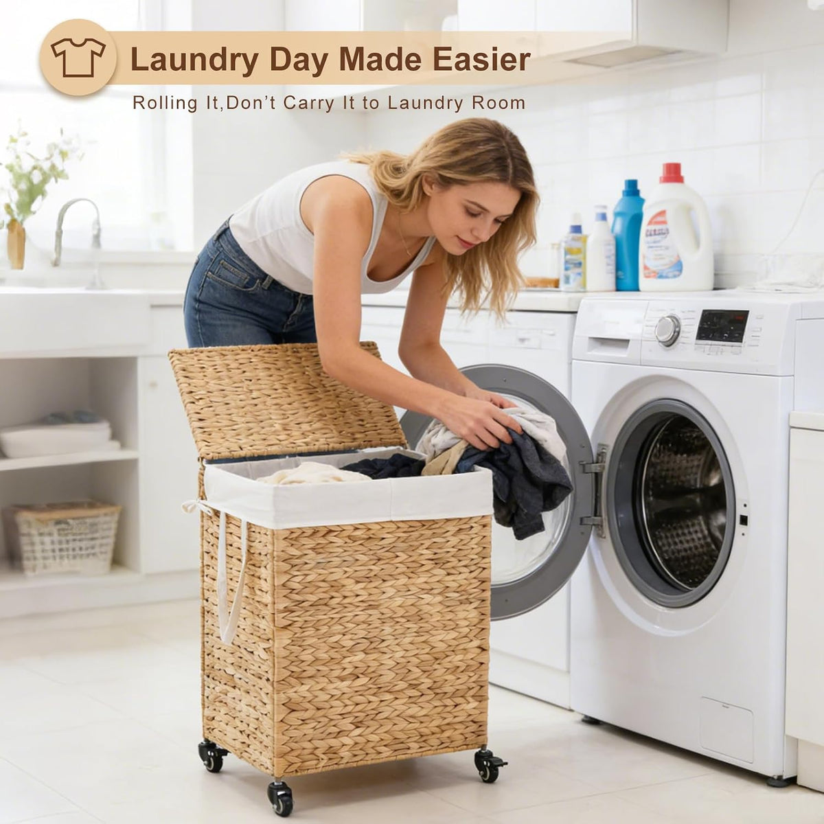 3-Section Laundry Hamper with Lid, Large Capacity Woven Natural Water Hyacinth Laundry Sorter with Removable Liners, Rolling or Non-Slip Design for Bedroom (Espresso, 155L)