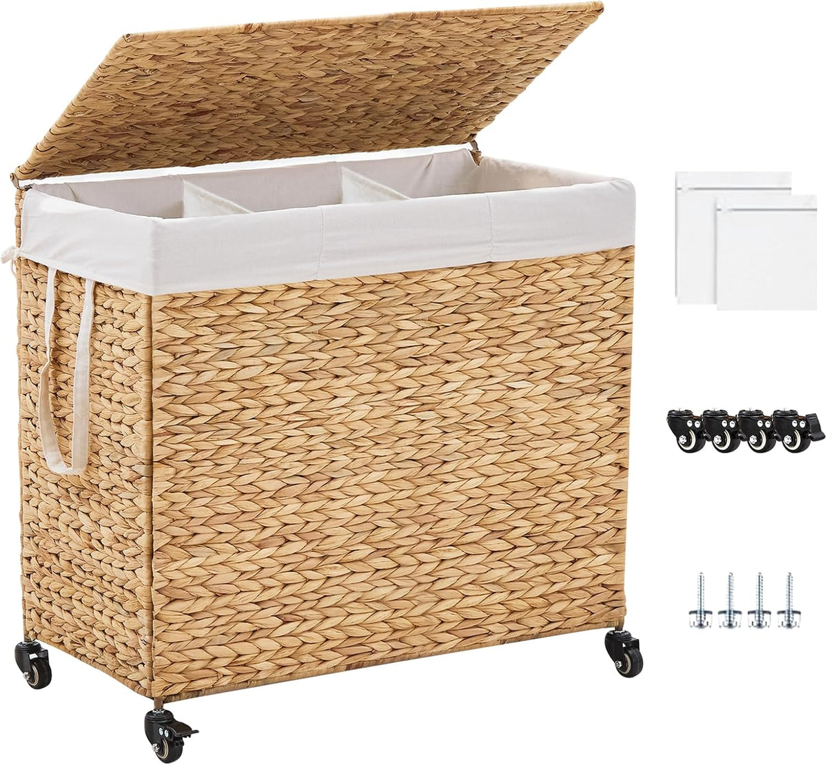 3-Section Laundry Hamper with Lid, Large Capacity Woven Natural Water Hyacinth Laundry Sorter with Removable Liners, Rolling or Non-Slip Design for Bedroom (Espresso, 155L)