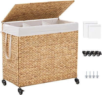 3-Section Laundry Hamper with Lid, Large Capacity Woven Natural Water Hyacinth Laundry Sorter with Removable Liners, Rolling or Non-Slip Design for Bedroom (Espresso, 155L)