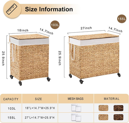 3-Section Laundry Hamper with Lid, Large Capacity Woven Natural Water Hyacinth Laundry Sorter with Removable Liners, Rolling or Non-Slip Design for Bedroom (Espresso, 155L)
