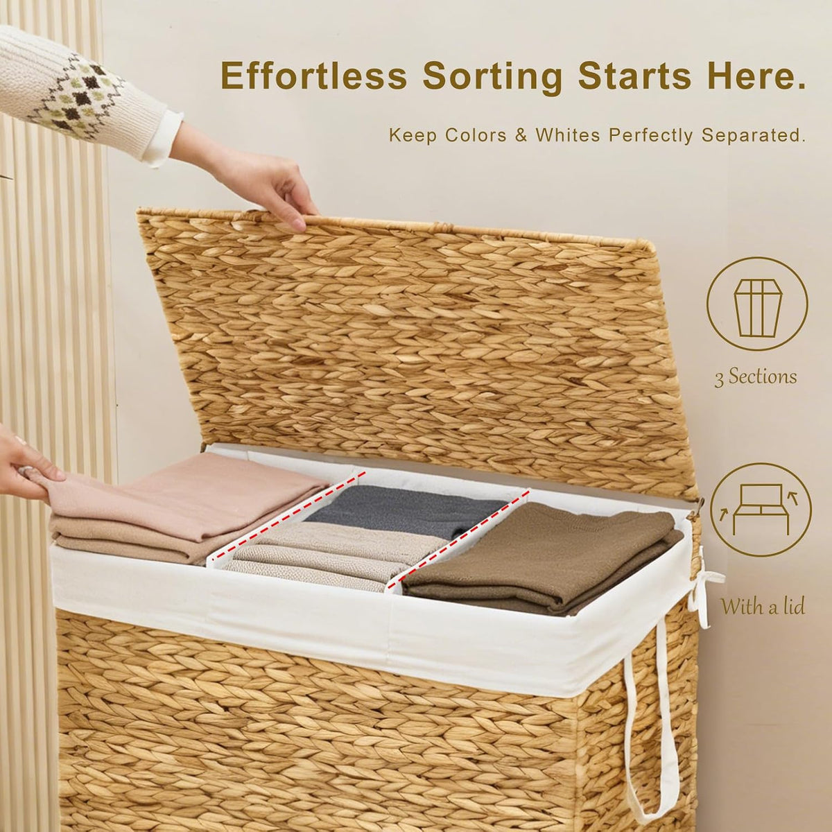 3-Section Laundry Hamper with Lid, Large Capacity Woven Natural Water Hyacinth Laundry Sorter with Removable Liners, Rolling or Non-Slip Design for Bedroom (Espresso, 155L)
