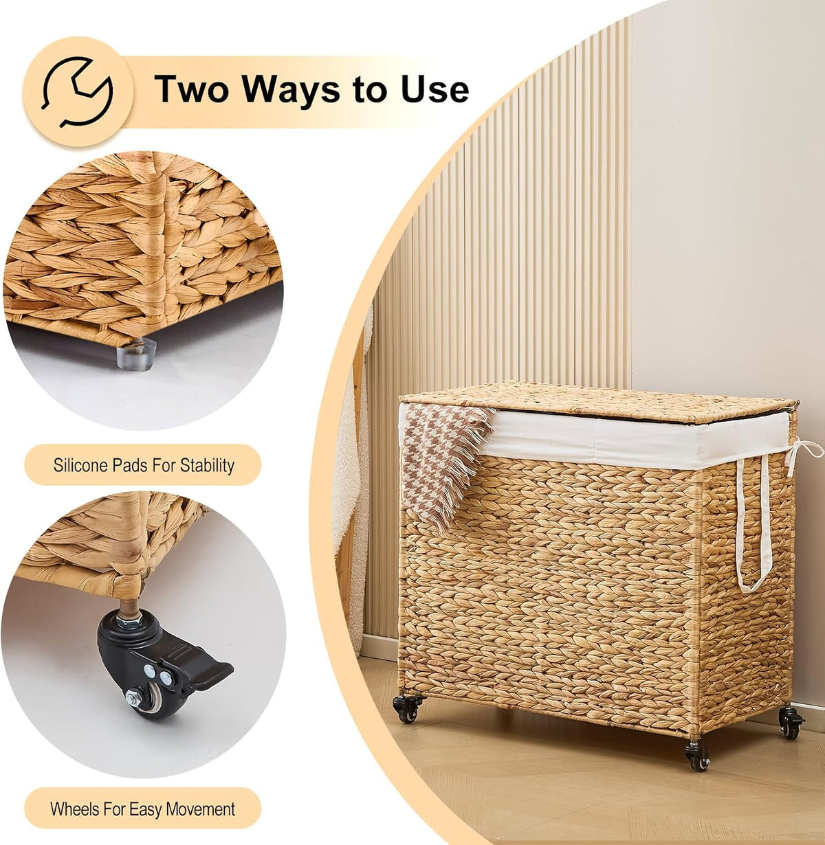 3-Section Laundry Hamper with Lid, Large Capacity Woven Natural Water Hyacinth Laundry Sorter with Removable Liners, Rolling or Non-Slip Design for Bedroom (Espresso, 155L)