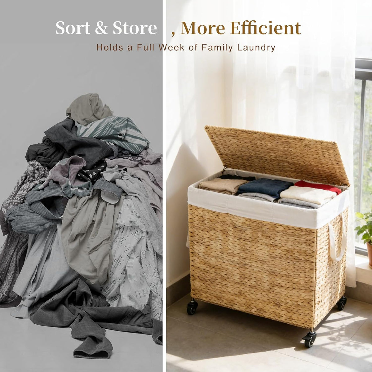 3-Section Laundry Hamper with Lid, Large Capacity Woven Natural Water Hyacinth Laundry Sorter with Removable Liners, Rolling or Non-Slip Design for Bedroom (Espresso, 155L)