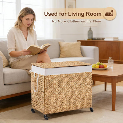 3-Section Laundry Hamper with Lid, Large Capacity Woven Natural Water Hyacinth Laundry Sorter with Removable Liners, Rolling or Non-Slip Design for Bedroom (Espresso, 155L)